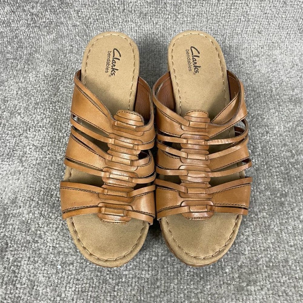 Clarks Bendables Women's Wedge Sandals Tan Brown Strappy Espadrille Size 9.5M - Picture 3 of 7